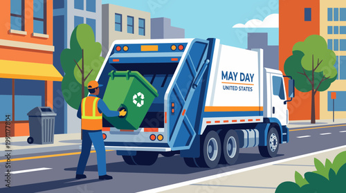 Garbage Truck and Sanitation Worker Collecting Recycle Bin Illustration