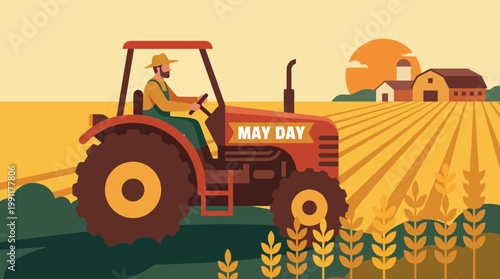 Farmer driving red tractor in wheat field at sunset for May Day