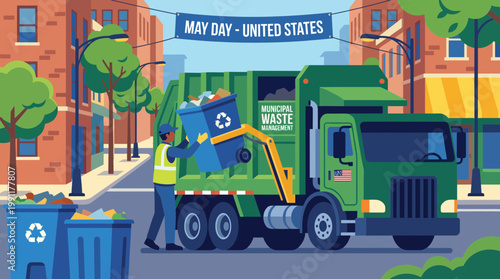 Garbage Truck and Worker Collecting Recycling on May Day in USA