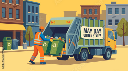 Sanitation worker loading recycling truck illustration