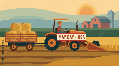 Farmer Driving Tractor with May Day USA Banner in Rural Field