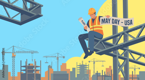 Construction Worker on Beam Celebrating May Day USA Illustration