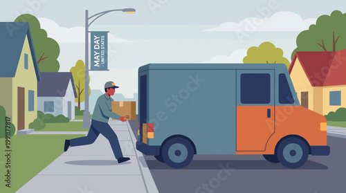 Delivery Driver Unloading Package from Truck in Neighborhood