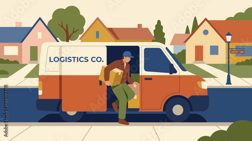 Delivery Courier Stepping Out of Van with Package Illustration