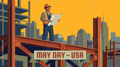May Day USA Construction Worker Illustration with City Skyline