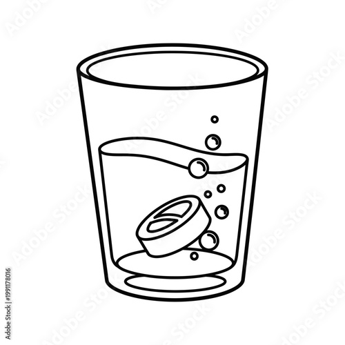 Effervescent Tablet Dissolving in Water Glass Line Art Illustration, Medicine Fizzing Vitamin Pill Icon