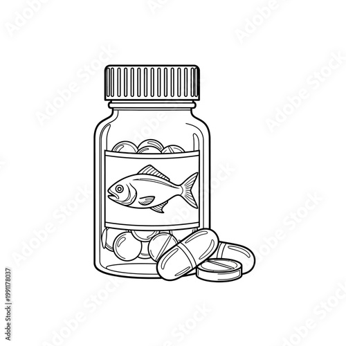 Fish Oil Supplement Bottle and Omega-3 Capsules Line Art Illustration
