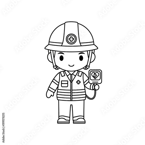Cute Paramedic Coloring Page Illustration, Chibi EMT Character Holding AED Line Art
