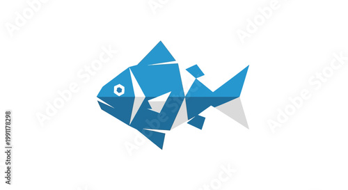 Blue geometric fish illustration with abstract polygonal shapes.