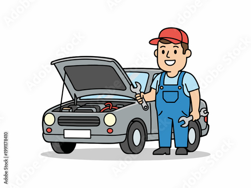 Mechanic Holding Wrench Beside Car with Open Hood Vector Illustration