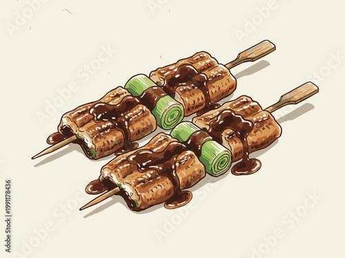 Grilled Unagi Eel Skewers with Leek and Tare Sauce Illustration