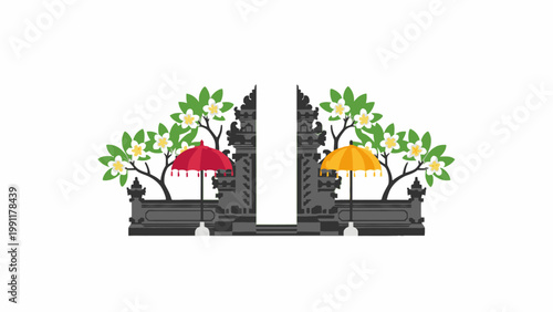 Bali Temple Gate with Frangipani and Umbrellas on White Background