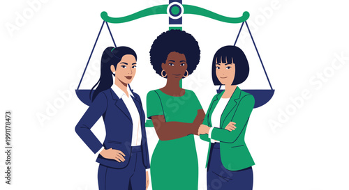 Diverse Female Lawyers and Professionals Standing with Scales of Justice Illustration for Law, Equity, and Inclusion