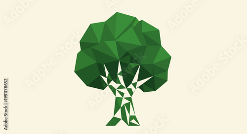 Geometric Low Poly Tree Illustration with Green Foliage and Abstract Trunk.