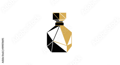 Geometric perfume bottle with black and gold facets.