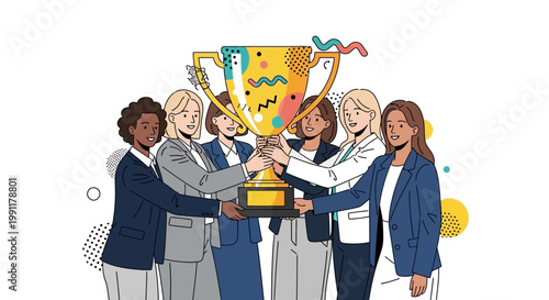 Diverse Group of Businesswomen Celebrating Corporate Success and Achievement Holding Large Gold Trophy Together