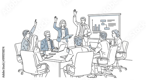Team Meeting Decision Making with Raised Hands - Business Collaboration
