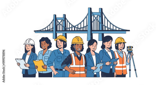 Diverse Team of Female Civil Engineers and Architects Standing in Front of a Bridge Illustration
