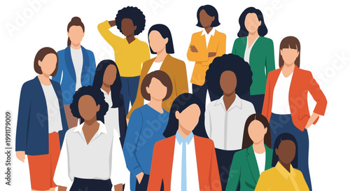 Diverse Group of Professional Women Vector Illustration, Multi-ethnic Female Team in Business Attire, Women Empowerment and Leadership Concept