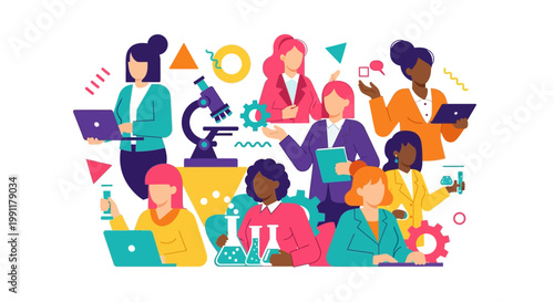 Diverse Women in STEM and Science Vector Illustration Featuring Female Scientists, Engineers, and Researchers with Lab Equipment and Technology