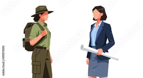 Environmental Conservation vs Urban Development Concept - Female Park Ranger and Business Architect Meeting Vector Illustration
