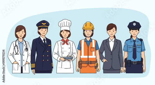 Diverse Group of Female Professionals in Career Uniforms Illustration; Doctor, Pilot, Chef, Construction Worker, Businesswoman, and Police Officer representing Women in Workforce.