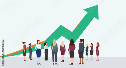 Diverse Group of Businesswomen Watching a Green Growth Arrow Trending Upwards, Female Empowerment and Success Concept Vector