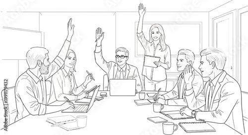 Diverse Business Team Voting in Meeting, Hands Raised, Decision Making
