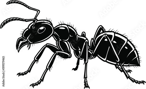 Detailed black and white illustration of a garden ant.
