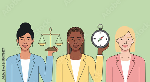 Diverse Business Women Holding Scales of Justice and Compass Representing Ethics, Integrity, and Corporate Leadership in Flat Vector Style