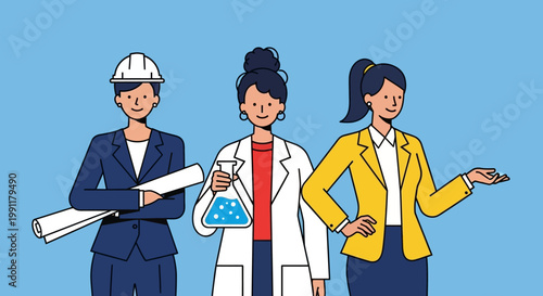 Flat vector illustration of diverse professional women in STEM and business careers, featuring an engineer, scientist, and executive on a blue background.