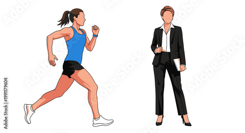 Work-Life Balance Concept Illustration: Professional Businesswoman and Active Female Runner Side by Side