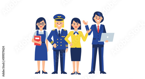 Professional Women Career Diversity Concept Vector Illustration with Pilot, Business Executive, Flight Attendant, and Teacher Characters on White Background