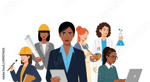 Diverse Group of Professional Women in Different Careers and Occupations, Female Empowerment, STEM, Business, Science, Engineering, and Creative Roles Vector Illustration