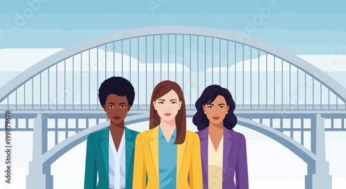 Diverse Professional Women in Business Suits Standing in Front of a Bridge Symbolizing Leadership and Connection