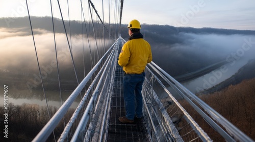 Inspector Checks Suspension Bridge Cables During Morning Fog in Rural Area