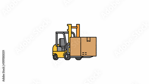 Yellow Forklift Carrying Cardboard Box Isolated on White