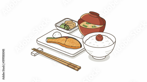 Grilled Salmon Japanese Breakfast Set with Rice and Miso Soup