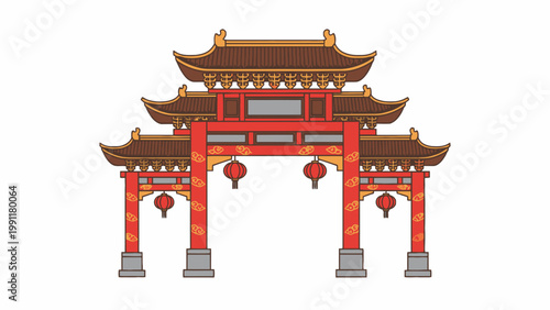 Chinese Traditional Gate Archway with Red Lanterns Isolated
