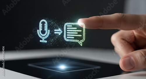 Voice transcription technology. A close-up of a finger touching a holographic microphone icon, which transforms into a text icon, symbolizing speech-to-text.