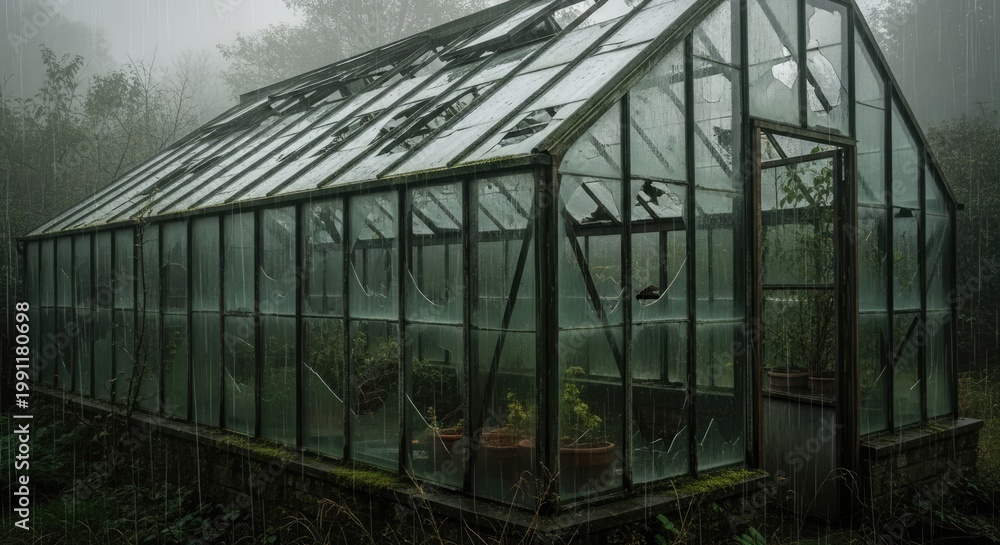 Fototapeta premium Greenhouse structure amidst misty landscape architectural and environmental study