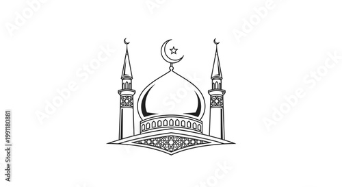 Mosque line art illustration with crescent moon and star, detailed Islamic architecture icon, black and white symbol