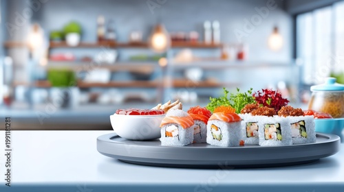 Fresh Sushi Platter on Serving Tray with Colorful Ingredients on Countertop