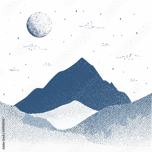 Mountain hill and texture background vector. Abstract Mountain landscape with grunge, dot halftone pattern, moon, sun. Wallpaper design for print, wall art, cover and interior. See Less