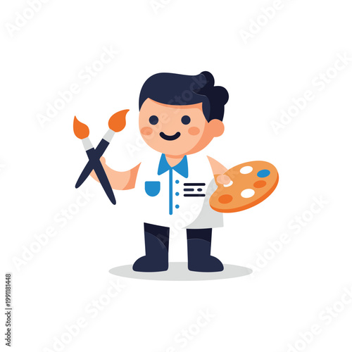 Cartoon Artist Character Holding Brushes and Palette, Creative Professional
