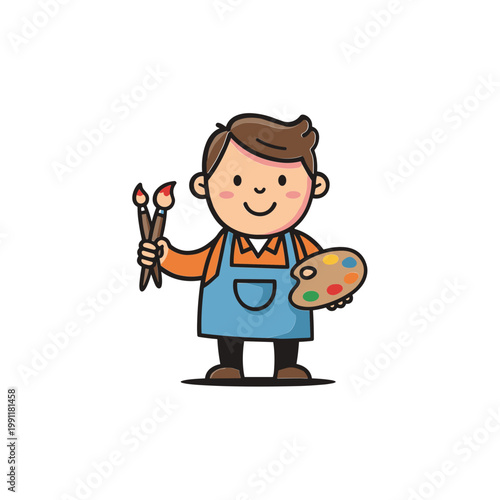 Cartoon Artist Holding Paint Palette and Brushes, Cheerful Character Illustration
