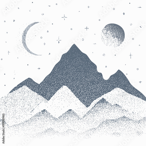Mountain hill and texture background vector. Abstract Mountain landscape with grunge, dot halftone pattern, moon, sun. Wallpaper design for print, wall art, cover and interior. See Less