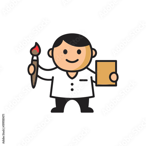 Cartoon Artist Holding Paintbrush and Blank Canvas, Creative Idea Concept