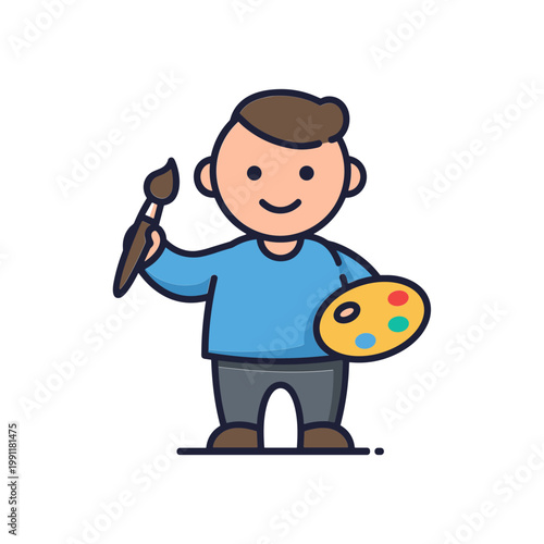 Cartoon artist holding paintbrush and color palette, creative illustration.
