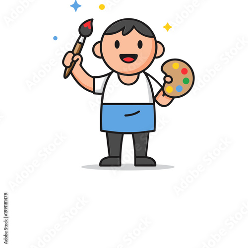 Cartoon Artist Holding Paintbrush and Palette, Creative Child Illustration